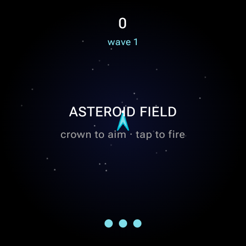 Asteroid Field gameplay — ship in centre, rocks drifting in from the bezel